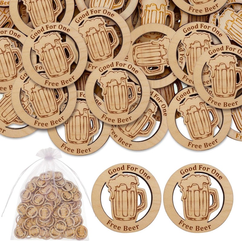 Motionchic 200 Pcs Drink Tokens Bulk for Bars Personalized Wooden Drink Tickets with Organza Bags Poker Chips for Wedding Party Oktoberfest Bar Event Supplies - Image 1